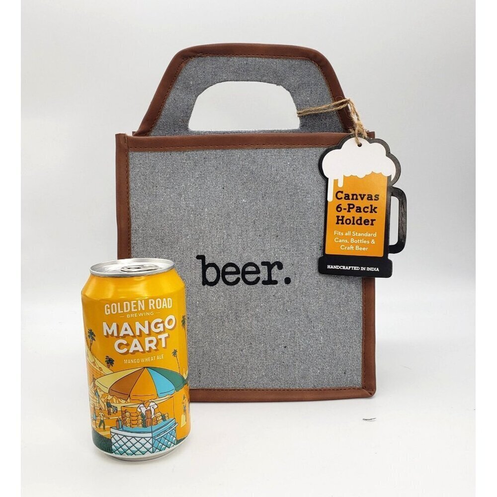 NWT Handmade Natural Canvas Grey Carry Tote Beer 6 Can Bottle Reusable Gift Bag